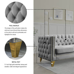 {Contact us for 3D modeling}  Velvet Sofa for Living Room,Buttons Tufted Square Arm Couch, Modern Couch Upholstered Button and Metal Legs, Sofa Couch for Bedroom, Grey Velvet .2PCS
