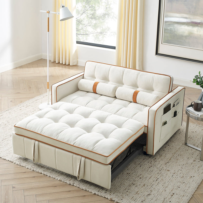 Modern 55.5' Pull Out Sleep Sofa Bed 2 Seater Loveseats Sofa Couch with side pockets, Adjsutable Backrest and Lumbar Pillows for Apartment Office Living Room