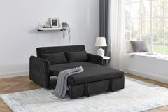 55' Modern Convertible Sofa Bed with 2 Detachable Arm Pockets, Velvet Loveseat Sofa with Pull Out Bed, 2 Pillows and Living Room Adjustable Backrest, Grid Design Armrests