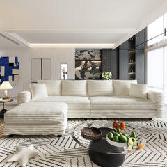 102.4 'Plush Corduroy 4-Seat Sofa,Modern Comfy Upholstered Sofa Cloud Couch,Deep Seat Couches with Soft Pillows and Movable Ottoman,Convertible Sofa Lounge Chair,for Living Room,Apartment,Office,Beige