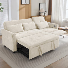 Beige 2-in-1 82' Three-seater Sofa with Pull-out Bed and Reversible Recliner, Chenille Upholstery