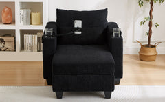 Convertible Chaise Lounge Sofa Chair Bed with USB Ports, Cup Holders & Storage, Black Corduroy, 37.4'