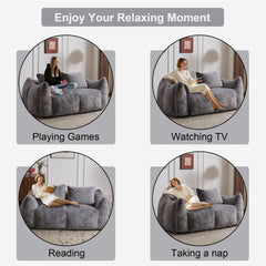 Giant Bean Bag Couch for Adults, Ultra Soft Fluffy Loveseat Bean Bag Sofa, Oversized Chase Lounge Chair Indoor for Living Room Bedroom, No Assembly Required Cozy Reading Chair with Pillows, Grey