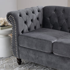 58.8' Chesterfield Sofa Grey Velvet for Living Room, 2 Seater Sofa Tufted Couch with Rolled Arms and Nailhead for Living Room, Bedroom, Office, Apartment, two pillowsW834S00069