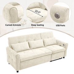 Beige 2-in-1 82' Three-seater Sofa with Pull-out Bed and Reversible Recliner, Chenille Upholstery