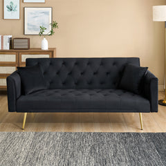 71-inch foldable double sofa, with American retro style, made of black velvet material, suitable for small living rooms, bedrooms and offices.