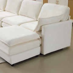 136' Plush Cloud 3-seater Sofa: Modular 4-seater Sofa + 2 Footstools with 22' Beige Chenille Cushions + 2 Throw Pillows - Compact Size for Apartment, Living Room, Bedroom (Beige)