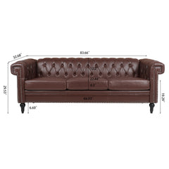 Traditional Dark Brown 3 Seater Sofa with Removable Cushions and Square Arms in PU Material