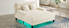 Modern Chaise Lounge Sofa 57.1' Sofa Bed Chenille Upholstered Lounge Sofa Chair with Adjustable Backrest and LED Light Strip, Beige