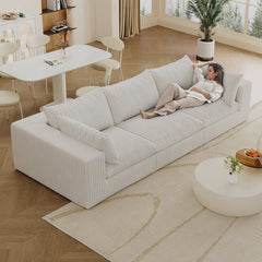 118.2' Cloud Sofa,Corduroy Fabric,Deep Seat Couches,Double-layer design,Removable  Cushion,No Assembly, DIY Combination for Living room, Bedroom,Conference room ,Apartment,White