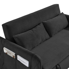 55' Modern Convertible Sofa Bed with 2 Detachable Arm Pockets, Velvet Loveseat Sofa with Pull Out Bed, 2 Pillows and Living Room Adjustable Backrest, Grid Design Armrests