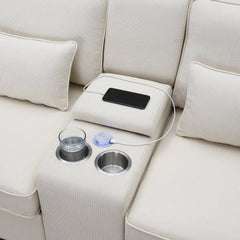 [VIDEO provided] [New] 114.2' Upholstered Sofa with Console, 2 Cupholders and 2 USB Ports Wired or Wirelessly Charged, Modern Linen Fabric Couches with 4 Pillows for Living Room, Apartment (4-Seat)