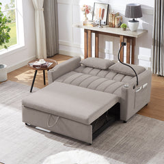 Convertible Sofa Bed Loveseat with USB Ports, Side Pockets, Cup Holders & Swivel Phone Holder, Light Grey Bella Fabric