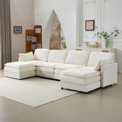 136' Plush Cloud 3-seater Sofa: Modular 4-seater Sofa + 2 Footstools with 22' Beige Chenille Cushions + 2 Throw Pillows - Compact Size for Apartment, Living Room, Bedroom (Beige)