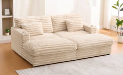 Plush Upholstered Oversized Double Chaise Lounge Sofa with USB Ports and Cup Holders, Champagne, Faux Rabbit Fur, 83.5'