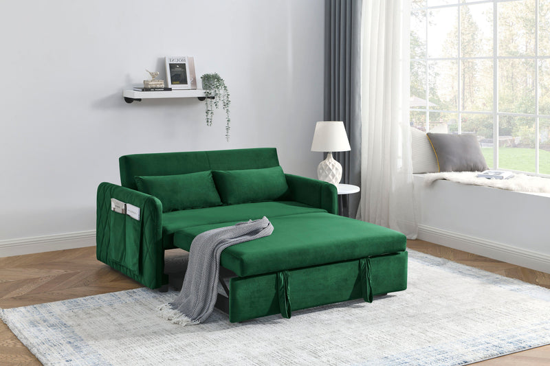 55' Modern Convertible Sofa Bed with 2 Detachable Arm Pockets, Velvet Loveseat Sofa with Pull Out Bed, 2 Pillows and Living Room Adjustable Backrest, Grid Design Armrests