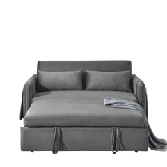 55' Modern Convertible Sofa Bed with 2 Detachable Arm Pockets, Velvet Loveseat Sofa with Pull Out Bed, 2 Pillows and Living Room Adjustable Backrest, Grid Design Armrests