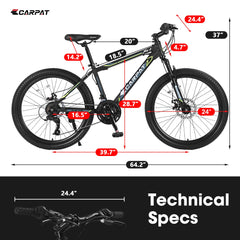 S24102  24 Inch Mountain Bike Boys Girls, Steel  Frame, Shimano 21 Speed Mountain Bicycle with Daul Disc Brakes and Front Suspension MTB
