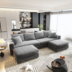 104.3 ' Plush Corduroy 4-Seat Sofa, Modern Comfy Upholstered Sofa Cloud Couch, Deep Seat Couches with Soft Pillows and 3 Ottomans, Convertible Sofa Lounge Chair, for Living Room,Apartment,Office,Grey