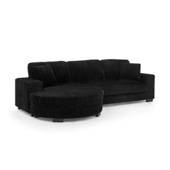 Corduroy Tufted Upholstered Sleeper Sectional Sofa, L-Shaped Modular Convertible Sofa , The arc-shaped footstool can be placed freely on the left and right-Black