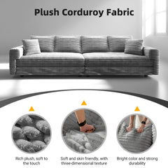 104.3 ' Plush Corduroy 4-Seat Sofa, Modern Comfy Upholstered Sofa Cloud Couch, Deep Seat Couches with Soft Pillows and 2 Ottomans, Convertible Sofa Lounge Chair, for Living Room,Apartment,Office,Grey