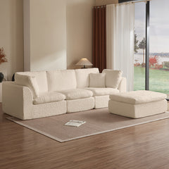 Cloud Style L-Shape Modular Sectional Sofa with Ottoman, 3 Seater Convertible Couch in Warm White Beige, Chenille Fabric, 110 Inch