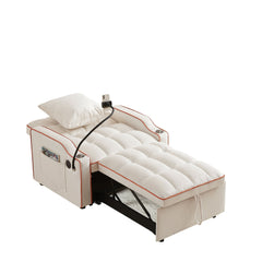 Convertible 3-in-1 Sofa Bed with USB Port and Multi-Pockets in Beige Velvet