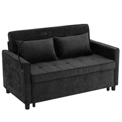 Contemporary 56.9' Loveseat Sofa Bed Sleeper with Reversible Backrest, Side Pockets, USB Ports, Phone Holder, Black Chenille