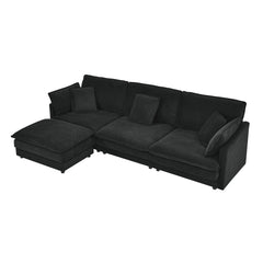 Modern Home Living Room L-Shaped Sectional Sofa Couches with Ottoman, Convertible Oversized 4 Seater Couch Towel Fabric, Black