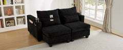 Convertible Chaise Lounge 63' Loveseat Sofa Bed with USB Ports, Cup Holders, Phone Holder & Storage, Black Corduroy
