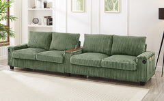 Modern 4-Seater Corduroy Sofa with USB Ports, Hidden Storage Arms, Flip-Top Cup Holders, Green, 133'