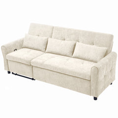 Beige 2-in-1 82' Three-seater Sofa with Pull-out Bed and Reversible Recliner, Chenille Upholstery