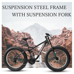 A26309 26 inch Mountain Bike,Full-Suspension 21 Speeds Drivetrain with Disc-Brake MTB Bicycle, 26*4' Fat tire Bike for Men