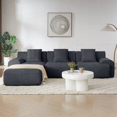 Modern L-Shaped Modular Sectional Sofa with Corduroy Upholstery in Dark Gray, Oversized 3-Seater Couch with Deep Seat and Movable Ottoman – No Assembly Required