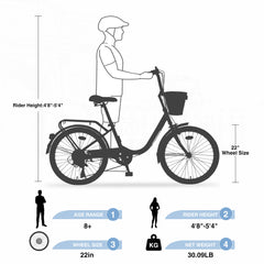 7 Speed City  Bike With  Basket , Steel Frame,Multiple Colors 22 Inch Girls Bicycle