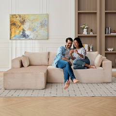 Compression Sectional Couch with Comfy Chaise, Boneless L Shape Sofa with Deep Seat, Minimalist Modular Couches Sleeper for Living Room Bedroom Apartment Lounge,corduroy,Beige