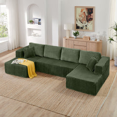 Modern Minimalist U Shape Modular Sectional Sofa Sleeper in Green Corduroy with Foam Filling