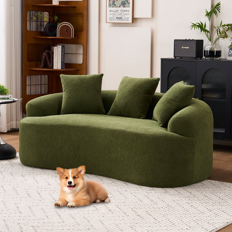 LY-025S Green Curved Loveseat: Compressed No Assembly, Chenille Small Sofa, 30D Sponge, Compact for Apartments, 65' L, 300Lbs, 3 Pillows