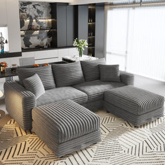 82.7 ' Plush Corduroy 3-Seat Sofa, Modern Comfy Upholstered Sofa Cloud Couch, Deep Seat Couches with Soft Pillows and 2 Ottomans, Convertible Sofa Lounge Chair, for Living Room,Apartment,Office,Grey