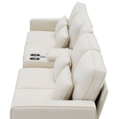 [VIDEO provided] [New] 114.2' Upholstered Sofa with Console, 2 Cupholders and 2 USB Ports Wired or Wirelessly Charged, Modern Linen Fabric Couches with 4 Pillows for Living Room, Apartment (4-Seat)