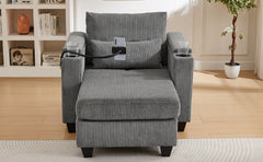 Convertible Chaise Lounge Sofa Chair Corduroy Sleeper with USB Ports, Cup Holders, Storage, Grey