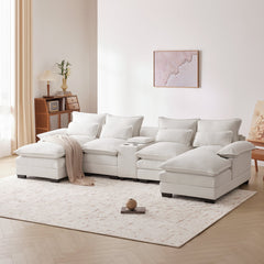 Modern U-shaped Sofa with Console, Cupholders & USB Ports, 6-seat Upholstered Furniture, Chenille, 123*55 inches, White