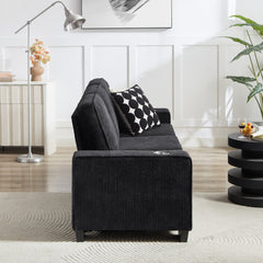 Modern Corduroy Fabric Sofa, 3-Seater Compressed Couch with Cup Holders, Black, 84.25'