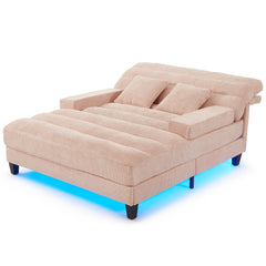 Modern Chaise Lounge Sofa 57.1' Sofa Bed with Adjustable Backrest and LED Light Strip, Pink Chenille Upholstered