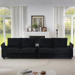 Modern 4-Seater Corduroy Sofa Couch with USB Ports and Hidden Storage in Black