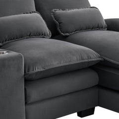 Modern U-shaped 6-Seat Sofa with Console, Cupholders, USB Ports, Velvet Upholstery in Gray