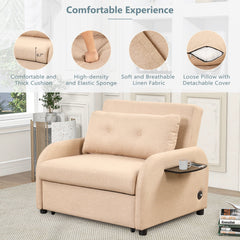 Versatile Pull Out Sofa Sleeper 3 in 1 with Wing Table & USB Charge, Beige Linen, Compact Design