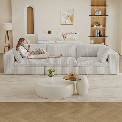 118.2' Cloud Sofa,Corduroy Fabric,Deep Seat Couches,Double-layer design,Removable  Cushion,No Assembly, DIY Combination for Living room, Bedroom,Conference room ,Apartment,White