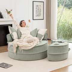 Modern Oversized Blue Round Barrel Accent Chair with Ottoman - Velvet Upholstered Lounge Armchair with 5 Pillows for Living Room or Bedroom