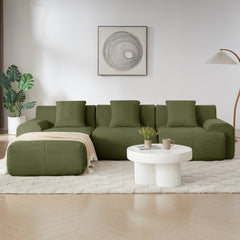 Modern L-Shaped Modular Sectional Sofa in Green Corduroy, 113' Oversized 3-Seater with Deep Seat and Movable Ottoman – No Assembly Required